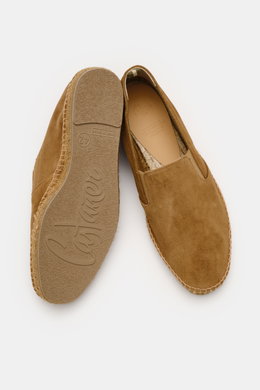 Top view of Castañer Espadrilles 'Joel' hellbraun in soft velour leather with jute trim, flexible rubber sole, elastic sides, and heel loop.