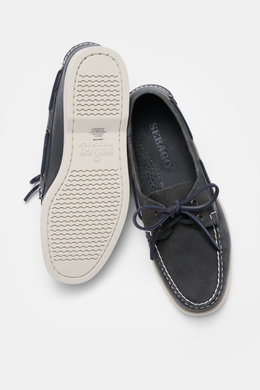 Sebago Loafer 'Portland' dark navy aus robustem Leder, schmale Silhouette, Lederband, Ziernaht, Gummisohle, von oben mit Sohle gezeigt.