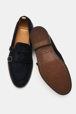Officine Creative Penny Loafer 'Opera Flexi 101' dunkelbraun shown from top and sole views, made of soft velour leather with Goodyear welted, natural rubber sole, leather lining, penny strap, and decorative toe stitch.