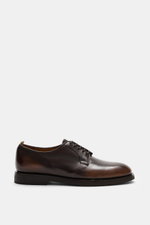 Brown polished leather Derby shoe photographed from the side on white background, Officine Creative Sneaker 'Sequel' taupe with fine suede, round toe, side perforations, seven-hole lacing, padded collar, logo embossing on tongue, grosgrain pull tab, leath