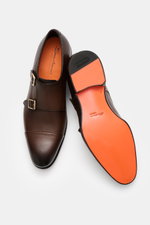 Santoni Double Monk 'Carter' Dark Brown shoes shown from top and sole view, grained leather, rounded toe, cross cap, gold buckles.