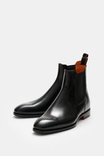 Santoni Chelsea Boot 'Adrian' black in polished smooth leather with narrow tapered silhouette, side elastic, pull tab, leather lining, sole; front angle.