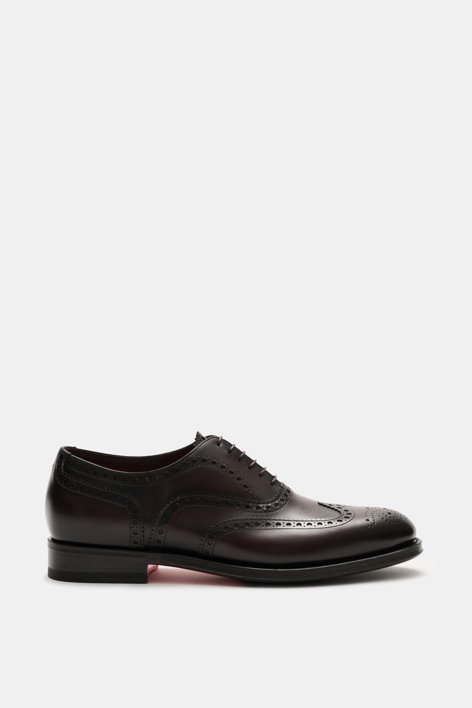 Santoni Oxford 'Collin' dunkelbraun, seitliche Ansicht, geschmeidiges Glattleder, Full-Broguings, schmale Silhouette, sechs Loch Schnürung, Lederfutter, Kautschuksohle.