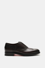 Santoni Oxford 'Collin' dunkelbraun, seitliche Ansicht, geschmeidiges Glattleder, Full-Broguings, schmale Silhouette, sechs Loch Schnürung, Lederfutter, Kautschuksohle.