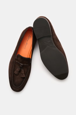 Santoni Suede Tassel Loafer 'Carter' brown shown from top and sole view, featuring soft suede leather, narrow tapering silhouette, front cap with decorative seam, typical tassel, leather lining, flexible rubber sole, and rubber reinforcement on the heel.