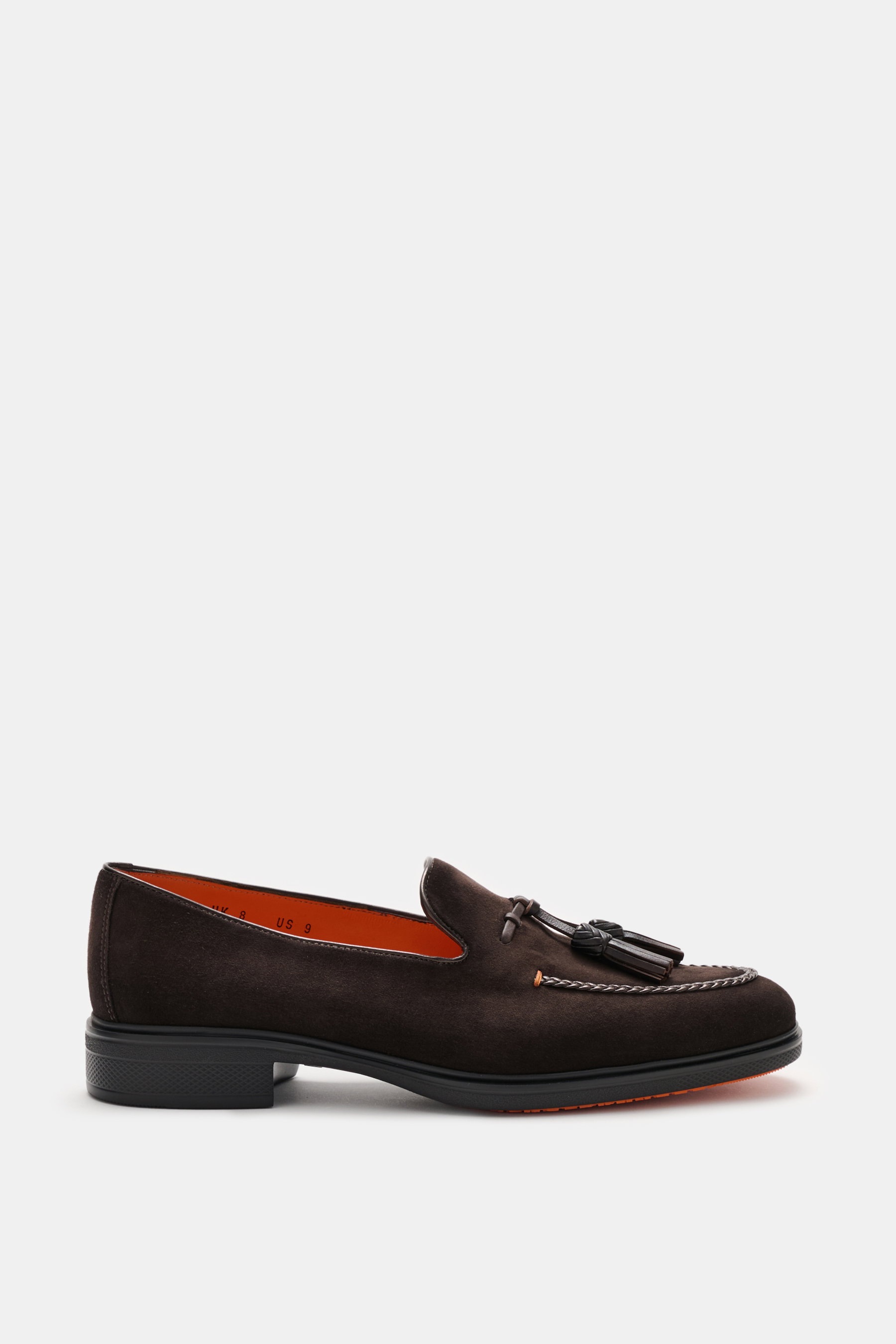 Santoni Tassel Loafer 'Easy On' dunkelbraun seitlich fotografiert, feines Veloursleder, Leder-Tassel, geflochtene Paspel, orangenes Innenfutter, Kautschuksohle.