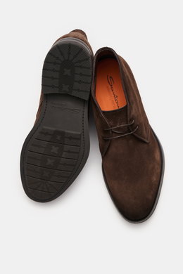 Santoni Desert Boot 'Collin' dunkelbraun aus geschmeidigem Veloursleder, leicht schmal zulaufend, offene Zwei-Loch-Schnürung, ledernes Innenfutter, Kautschuk-Laufsohle, Ansicht von oben.