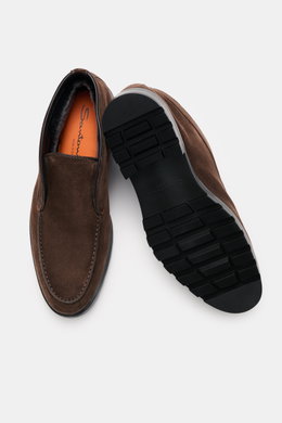 Santoni Desert Boot 'Detroit Rock' braun aus feinem Velourswildleder, schmal zulaufend mit Ziernaht, Profil-Gummisohle, Lederinnenfutter, Draufsicht und Sohlenansicht.