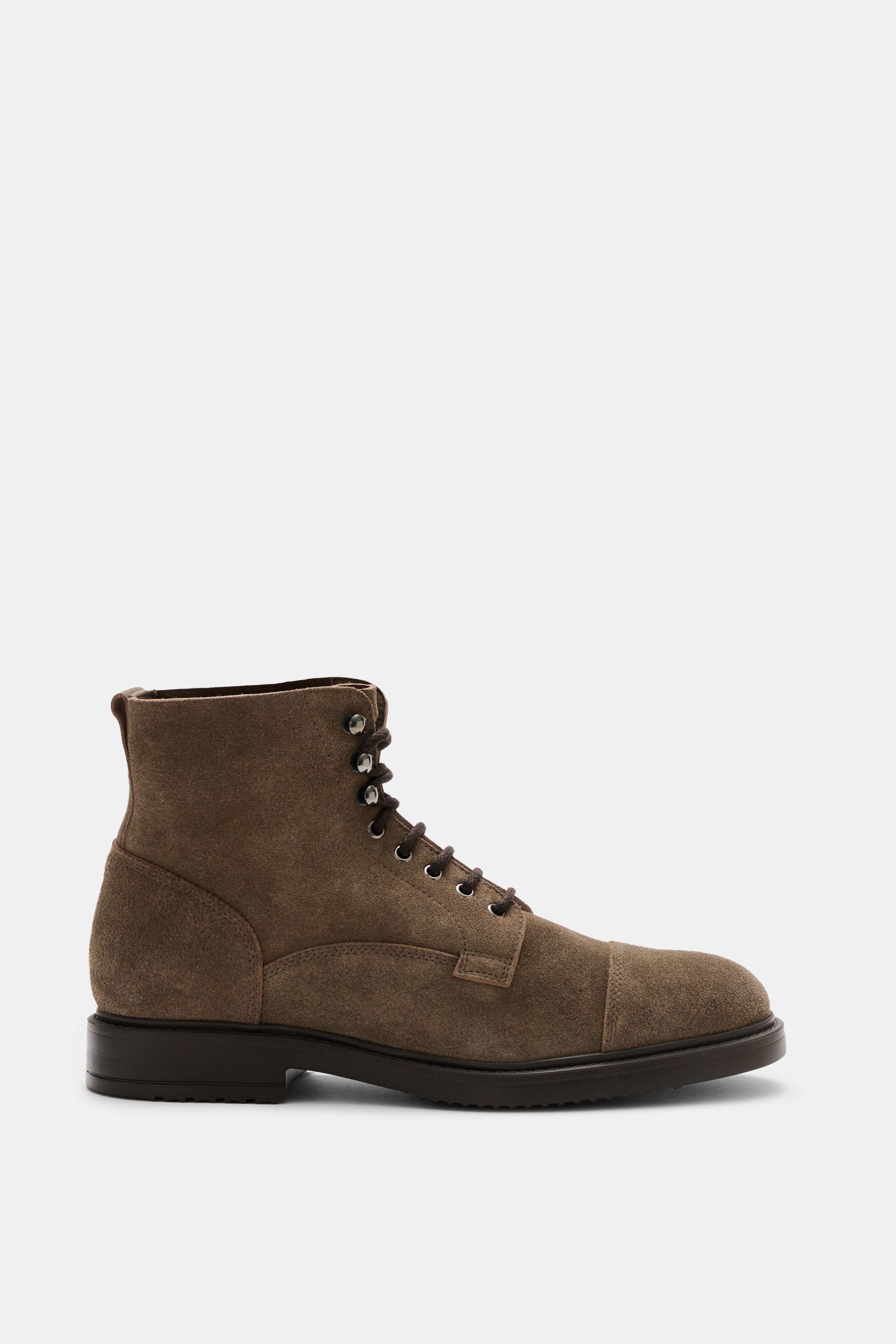 Side view of Doucal's Lace-up boot 'Ralph' grey-brown in fine suede leather with eight-eyelet lacing, leather lining, pull loop, and light rubber sole.