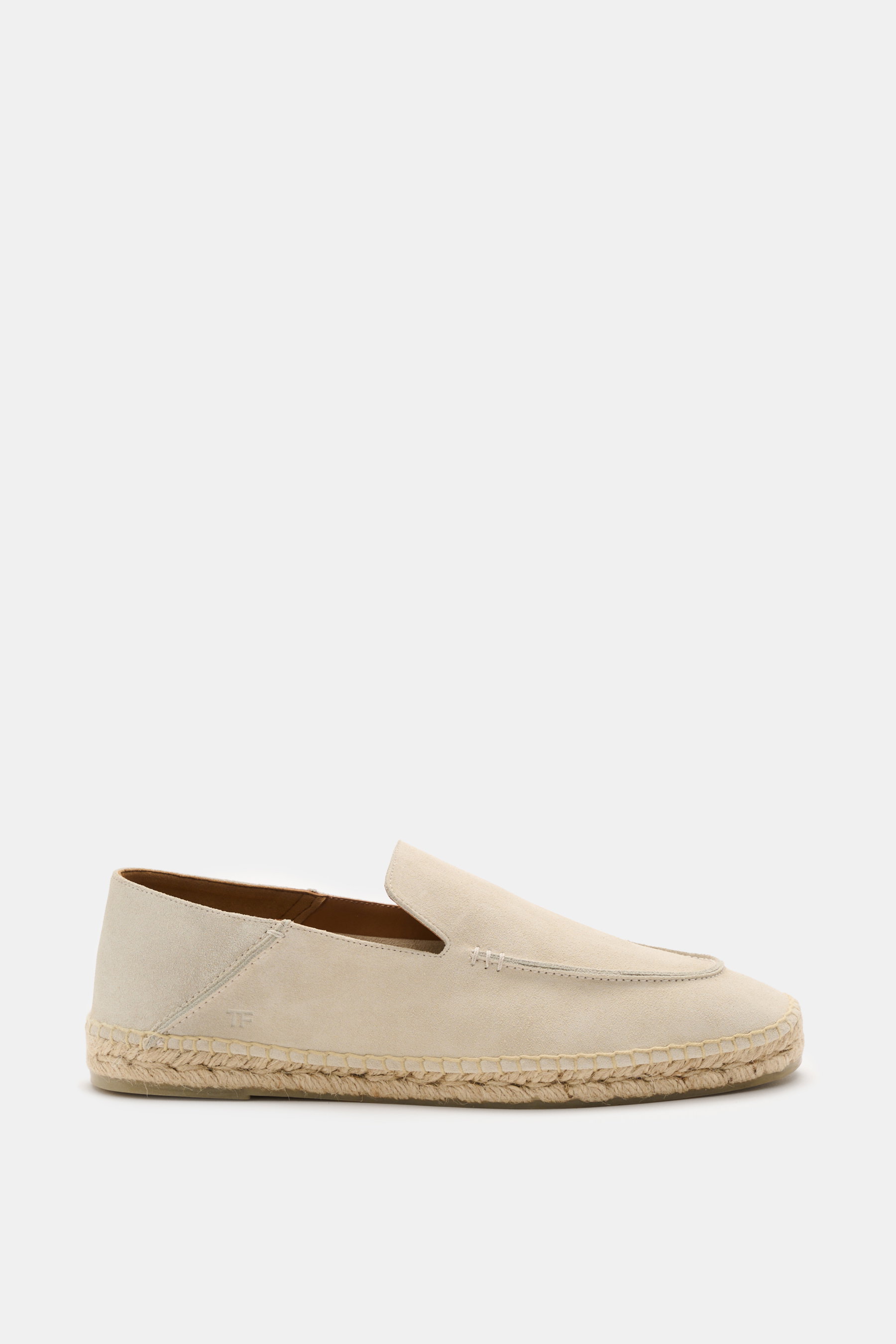 Tom Ford Espadrilles beige im Seitenprofil, softes Veloursleder, Ziernaht, Espadrilles-Umsäumung, Lederfutter, flexible Kautschuksohle.
