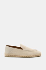 Side view of Tom Ford Espadrilles beige in soft suede with decorative stitching, espadrille trim, leather lining, and flexible rubber sole, ideal for summer comfort.