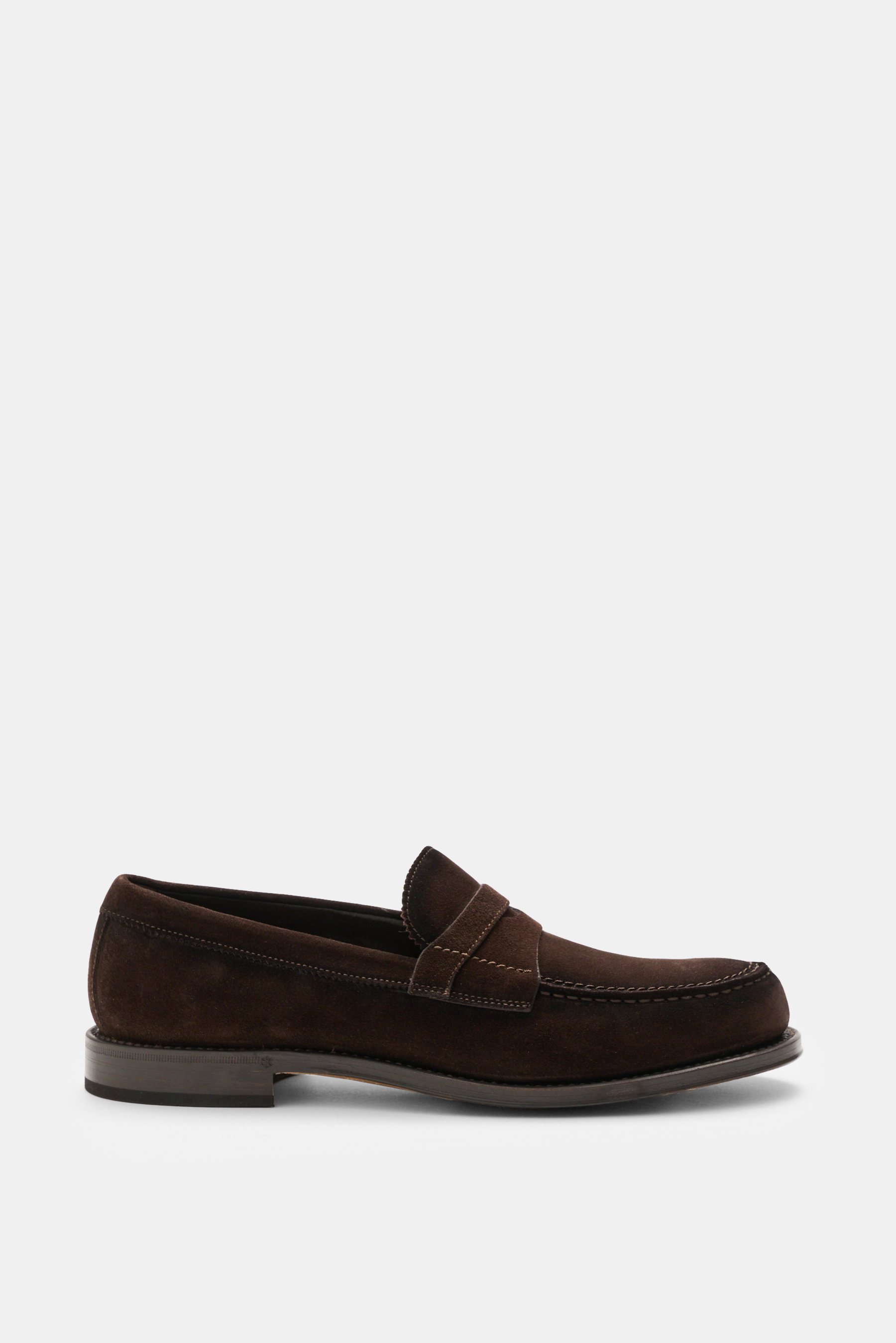 Fabi Penny Loafer 'Villem' dunkelbraun aus Veloursleder, seitlich fotografiert, mit Penny-Strap, Ziernaht, Glattlederfutter, Flex-Goodyear-Sohle.
