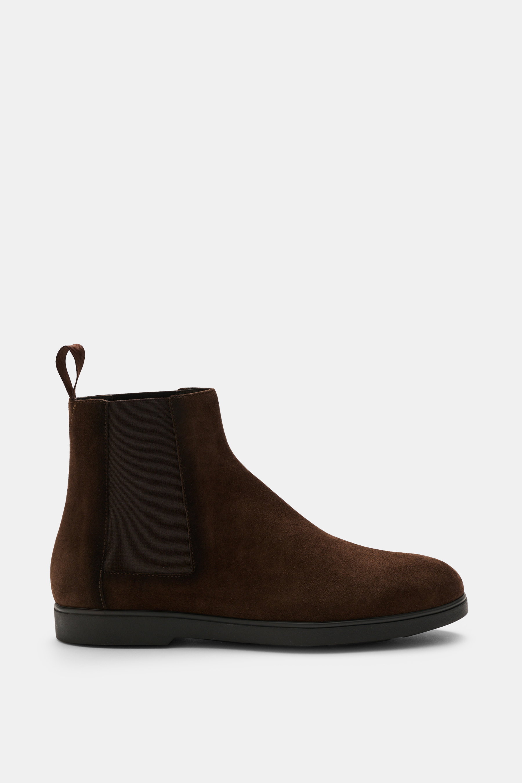 Side view of Fabi Chelsea boots 'Boston' dark brown in soft suede leather with elastic inserts, pull tab, leather lining, and rubber sole.

Description: <p>Supple suede leather and a sole made of genuine rubber come together in the Chelsea boots 'Boston' 