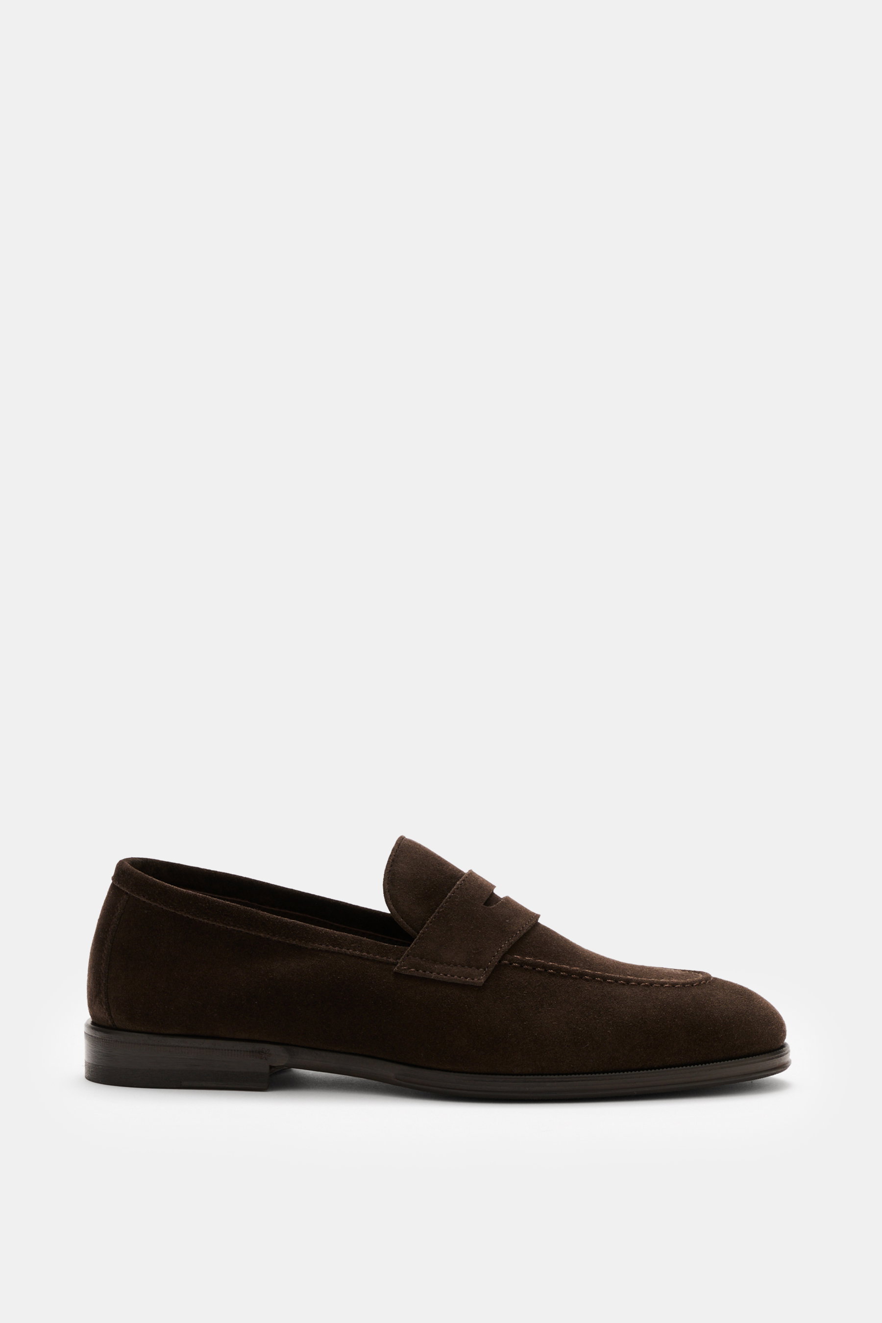 Henderson Penny Loafer 'Moro' dark brown shown from side view, stylish classic loafer in supple suede leather with narrow tapered silhouette, typical penny strap, decorative front seam, Goodyear-welted, leather lining, rubber outsole, heel with rubber rei