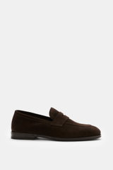 Henderson Penny Loafer 'Moro' dark brown shown from side view, stylish classic loafer in supple suede leather with narrow tapered silhouette, typical penny strap, decorative front seam, Goodyear-welted, leather lining, rubber outsole, heel with rubber rei