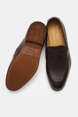 Top view of Henderson Penny Loafer 'Cervo' dark brown with finely grained leather, penny strap, tapered silhouette, and stitched cap.