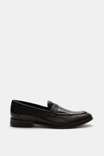 Side view of Sturlini Penny loafers 'Bufalo' dark brown in fine smooth leather with tapered silhouette, penny strap, topstitching, and leather-rubber outsole.