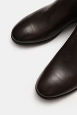 Sturlini Chelsea boot 'Bufalo' dark brown shown from above, fine smooth leather, Blake stitched, slim silhouette, elastic inserts.