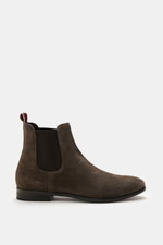 Side view of the Sturlini Chelsea Boot 'Crosta Piuma' dark brown, a classic slim silhouette made of noble suede leather with elastic inserts, leather lining, grosgrain pull tab, Goodyear welted sole, and rubber-reinforced heel, ideal for everyday and offi
