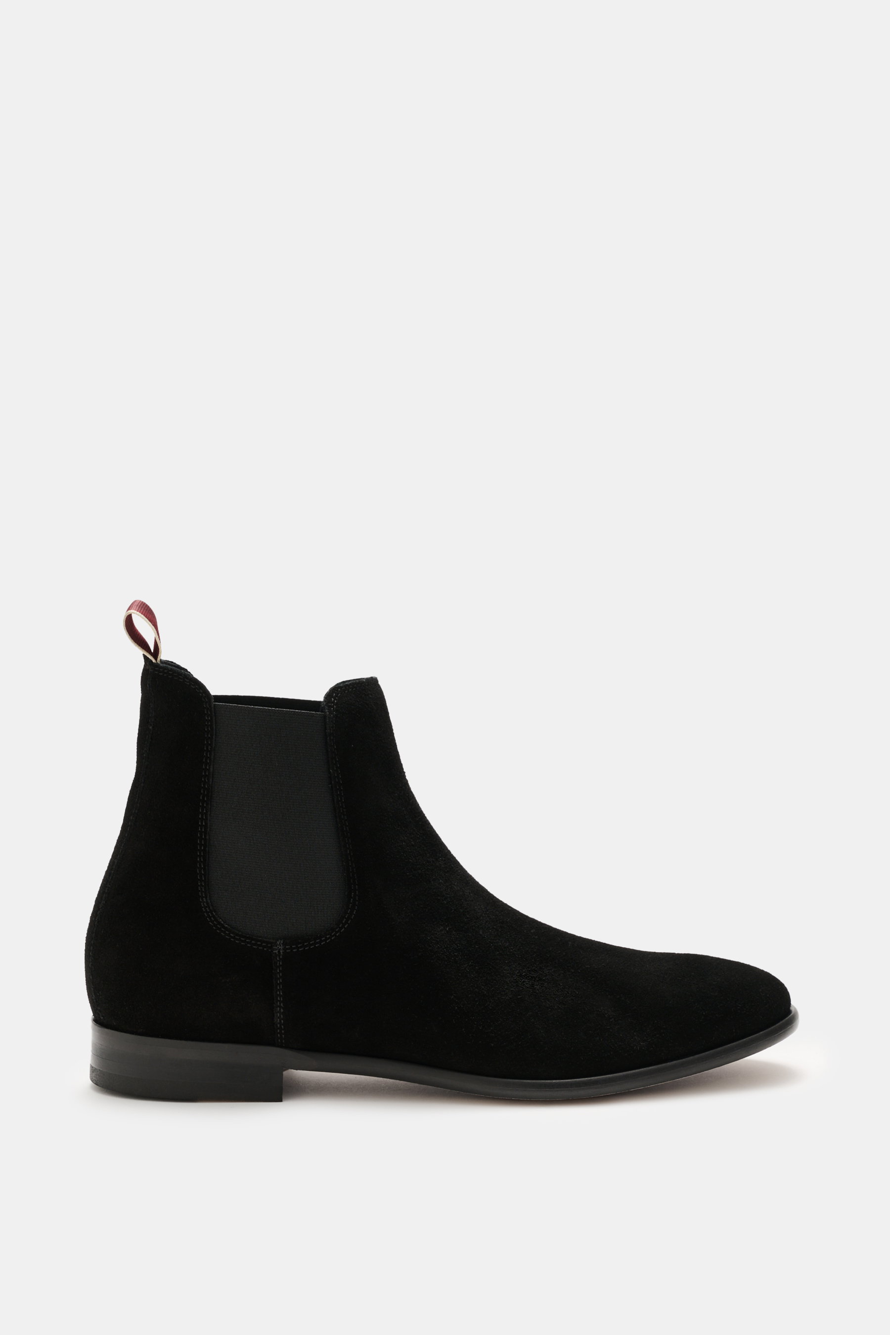Sturlini Chelsea Boot 'Crosta Piuma' schwarz, rahmengenäht, feines Veloursleder, schmal zulaufend, elastische Einsätze, Seitenansicht, Leder-Gummi-Sohle.