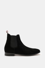 Side view of the Sturlini Chelsea Boot 'Crosta Piuma' black made from noble suede leather with elastic inserts and a grosgrain pull tab.