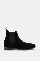 Side view of the Sturlini Chelsea Boot 'Crosta Piuma' black made from noble suede leather with elastic inserts and a grosgrain pull tab.