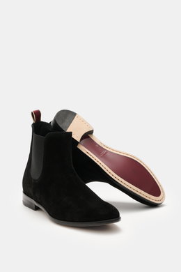 Front and sole view of Sturlini Chelsea Boot 'Crosta Piuma' black in fine suede leather with elastic inserts, leather lining, welted sole, and grosgrain pull tab.