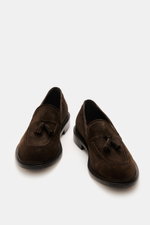 Front top view of Sturlini Suede tassel loafer 'Crosta Piuma' dark brown featuring noble suede leather, slightly tapered silhouette, typical tassel detail, distinctive topstitching on the toe cap, leather lining, blake construction, and leather and rubber