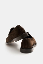 Rear and side view of Sturlini Suede tassel loafer 'Crosta Piuma' dark brown featuring noble suede leather, slightly tapered silhouette, typical tassel detail, distinctive topstitching on the toe cap, leather lining, Blake construction, and leather and ru