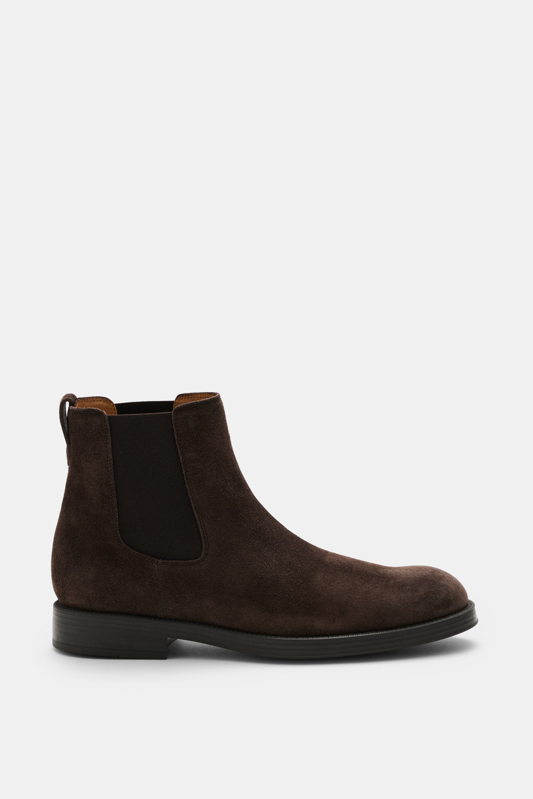 Tod's Chelsea Boot dunkelbraun aus edlem Veloursleder, schmal zulaufend, seitliche Elastikeinsätze, Anziehschlaufe, Lederfutter, Gummisohle, Seitenansicht.