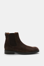 Tod's Chelsea Boot dunkelbraun aus edlem Veloursleder, schmal zulaufend, seitliche Elastikeinsätze, Anziehschlaufe, Lederfutter, Gummisohle, Seitenansicht.