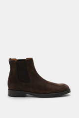 Tod's Chelsea Boot dunkelbraun aus edlem Veloursleder, schmal zulaufend, seitliche Elastikeinsätze, Anziehschlaufe, Lederfutter, Gummisohle, Seitenansicht.