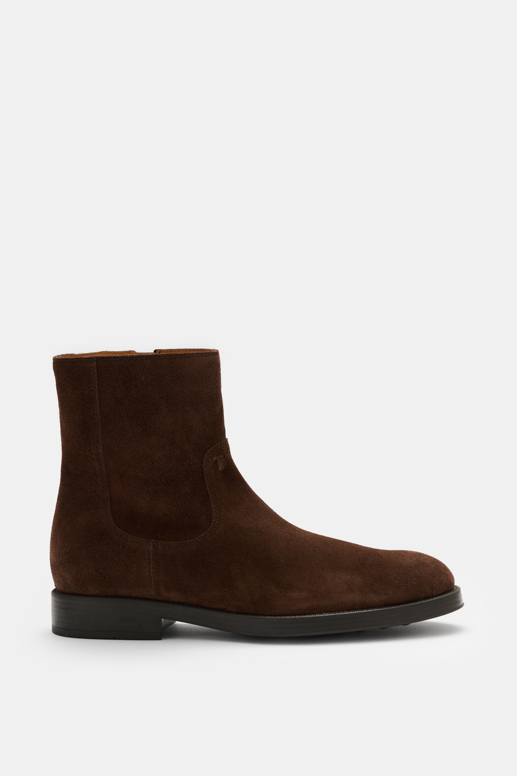 Side view of Tod's Ankle boot dark brown in noble suede leather, slightly slim tapering silhouette, side zipper, high shaft, leather lining, and lightly profiled rubber sole.