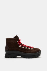 Collegium Schnürboot 'Pillar Summit' dunkelbraun/schwarz shown from the side, featuring robust velour leather, round form, smooth leather overlays, seven-hole lacing with hooks and eyelets, lace loops on the tongue, leather lining, practical pull loop, an