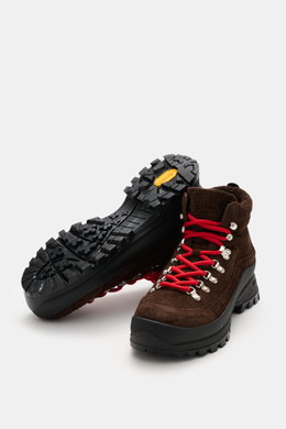 Collegium Schnürboot "Pillar Summit" dunkelbraun/schwarz shown from a front and sole perspective, featuring robust Veloursleder, round shape, smooth leather overlays, seven-hole lacing with hooks and eyelets, lace loops on tongue, leather lining, practica