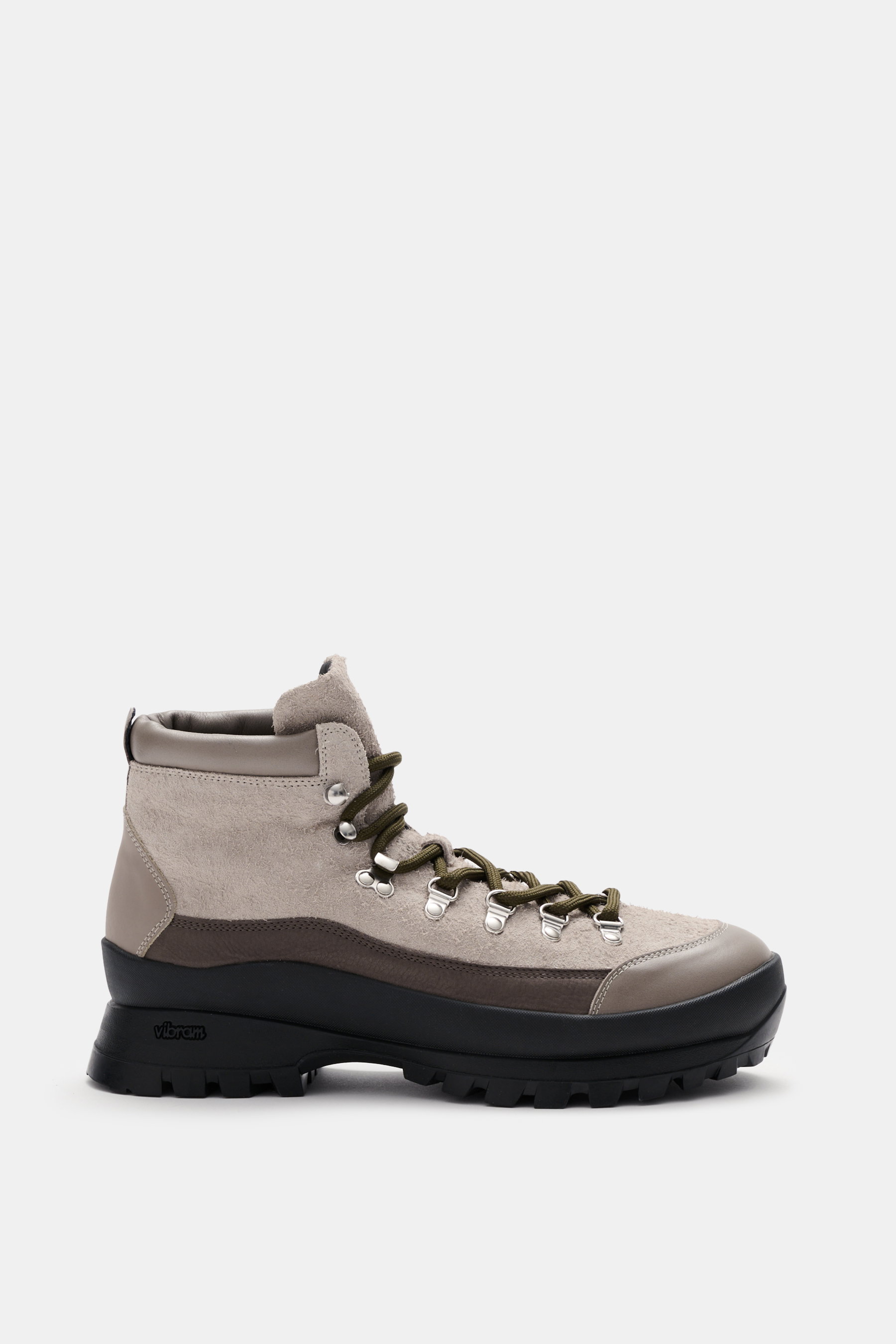 Collegium Lace-up boot grey/taupe/black shown from left side, durable suede leather, round shape, smooth leather overlays, seven-hole lacing with hooks and eyelets, tongue with shoelace loops, leather lining, practical pull loop, durable rubber sole with 