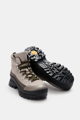 Collegium Lace-up boot grey/taupe/black shown from a front and sole perspective, featuring durable suede leather, round shape, overlays of smooth leather, seven-hole lacing with hooks and eyelets, tongue with shoelace loops, leather lining, practical pull