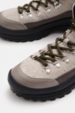 Collegium Lace-up boot grey/taupe/black shown from a close-up top-front angle, featuring durable suede leather, round shape, smooth leather overlays, seven-hole lacing with hooks and eyelets, tongue with shoelace loops, leather lining, practical pull loop