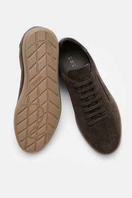 Top-down and sole view of Zegna Sneakers dark brown in smooth suede featuring a round toe cap, seven-eyelet lacing, ZEGNA embossed tongue, leather lining, and flexible natural rubber sole.