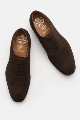 Church's Oxford 'Consul' dark brown suede shoes seen from above, with applied front cap, closed five-eyelet lacing, rubber heel, leather sole and lining, Goodyear-welted, narrow tapering shape, fine suede leather.