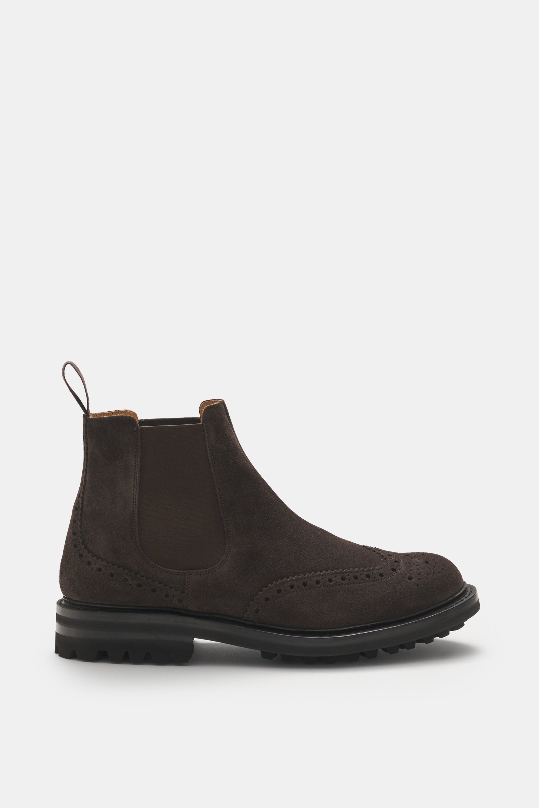 Church's Chelsea Boot 'MC Entyre LW' graubraun aus feinem Veloursleder mit Broguings, elastischen Einsätzen, profiliertem Gummi, Seitenansicht.