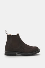 Church's Chelsea Boot 'MC Entyre LW' grey-brown shown from the left side, fine suede leather with broguing, rounded silhouette, elastic inserts, leather lining, pull loop, profiled rubber outsole, exquisite craftsmanship perfect for autumn hike.