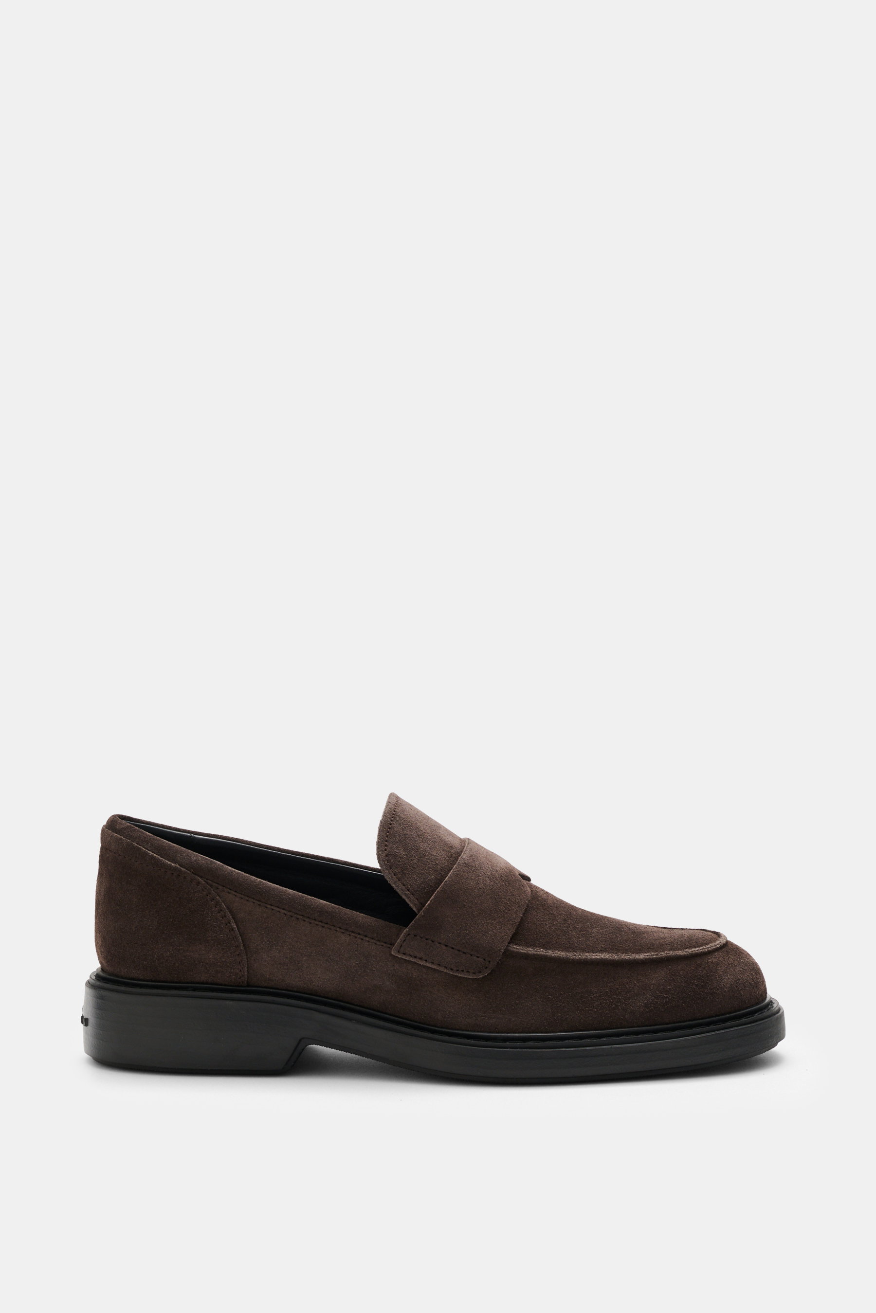 Hogan Loafer 'Palissandro' graubraun aus Veloursleder, seitlich fotografiert, mit geschlossenem Strap, Lederfutter, Memory Foam Fußbett, Gummisohle.