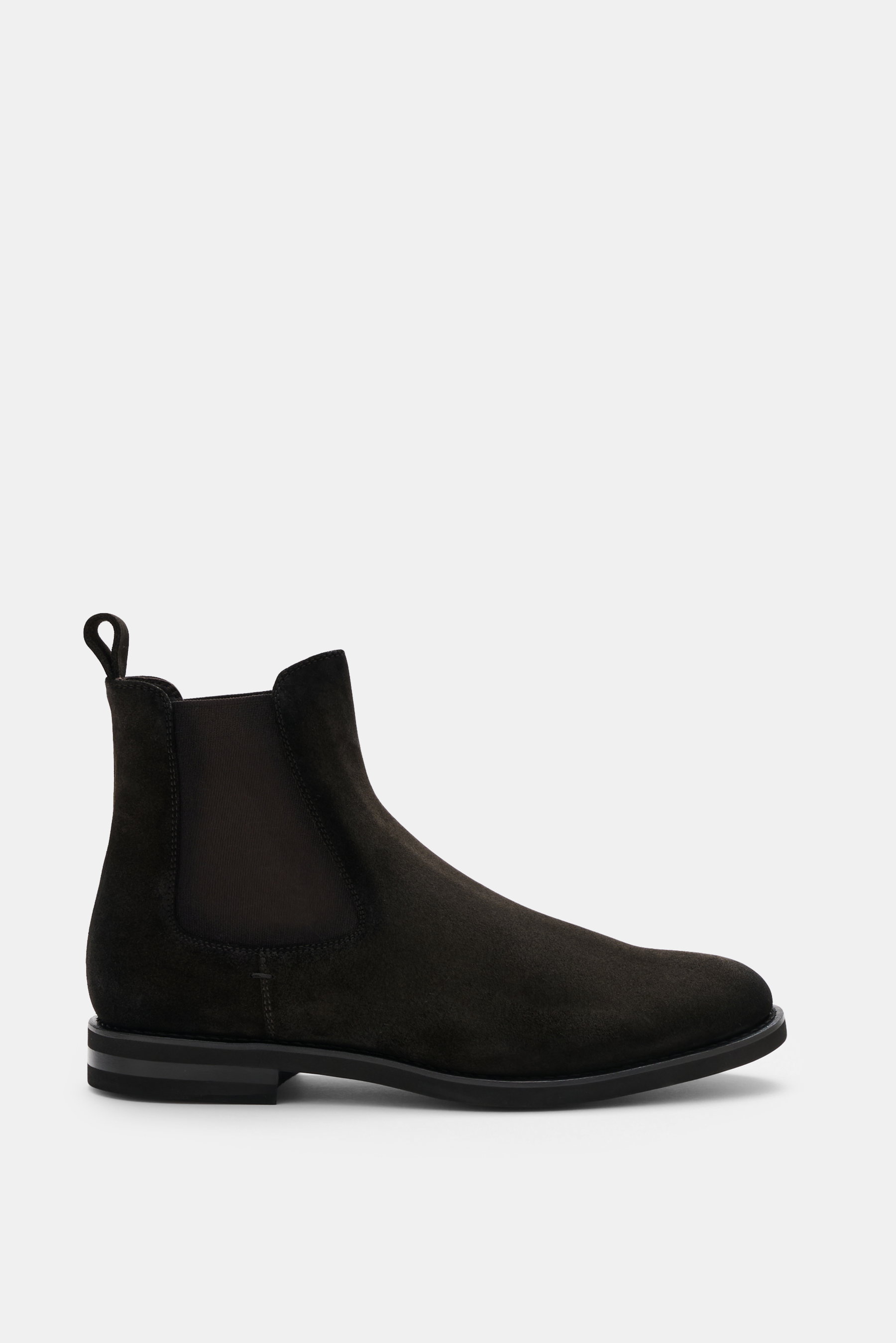 Fabiano Ricci Chelsea Boot dunkelbraun, sportiver Veloursleder-Boot mit schmaler Silhouette, elastischen Einsätzen, Anziehschlaufe, Lederfutter, Gummisohle, Profil, Seitenansicht.