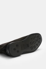 Bottom-side view of Fabiano Ricci Chelsea Boot dark brown in noble suede leather with studded flexible rubber sole, elastic inserts, and pull tab.
