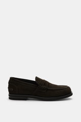 Fabiano Ricci Penny Loafer 'Tennessee' dark brown shown from side view, purist, lightweight with noble suede leather, narrow tapering silhouette, decorative seam on front cap, typical penny strap, leather lining, and flexible FIBRAM rubber sole for comfor