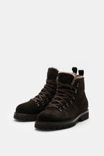 Front angled view of Fabiano Ricci Lace-up boot dark brown in noble suede leather with rounded toe, seven-eyelet lacing, leather lining, and flexible rubber sole, essential for colder days.