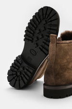 Fabiano Ricci Lace-up boot taupe shown from sole and back side view, suede leather, rounded toe, seven-eyelet lacing, leather lining, flexible rubber sole.