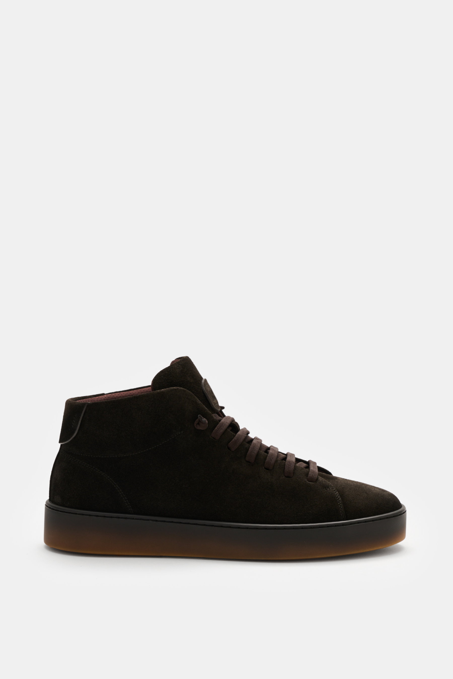 Fabiano Ricci High Top Sneaker 'Tennessee' dunkelbraun aus softem Veloursleder, seitliche Ansicht mit elastischer Sieben-Loch-Schnürung, Mesh-Futter, gepolsterter Innensohle und flexibler Gummisohle.
