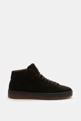 Fabiano Ricci High Top Sneaker 'Tennessee' dunkelbraun aus softem Veloursleder, seitliche Ansicht mit elastischer Sieben-Loch-Schnürung, Mesh-Futter, gepolsterter Innensohle und flexibler Gummisohle.